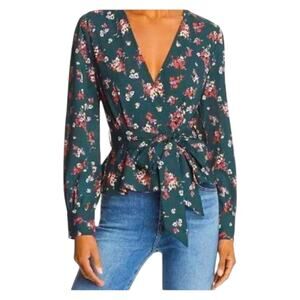 Lost + Wander Green Floral Wrap Peplum Blouse Tie Waist Boho Romantic - S
